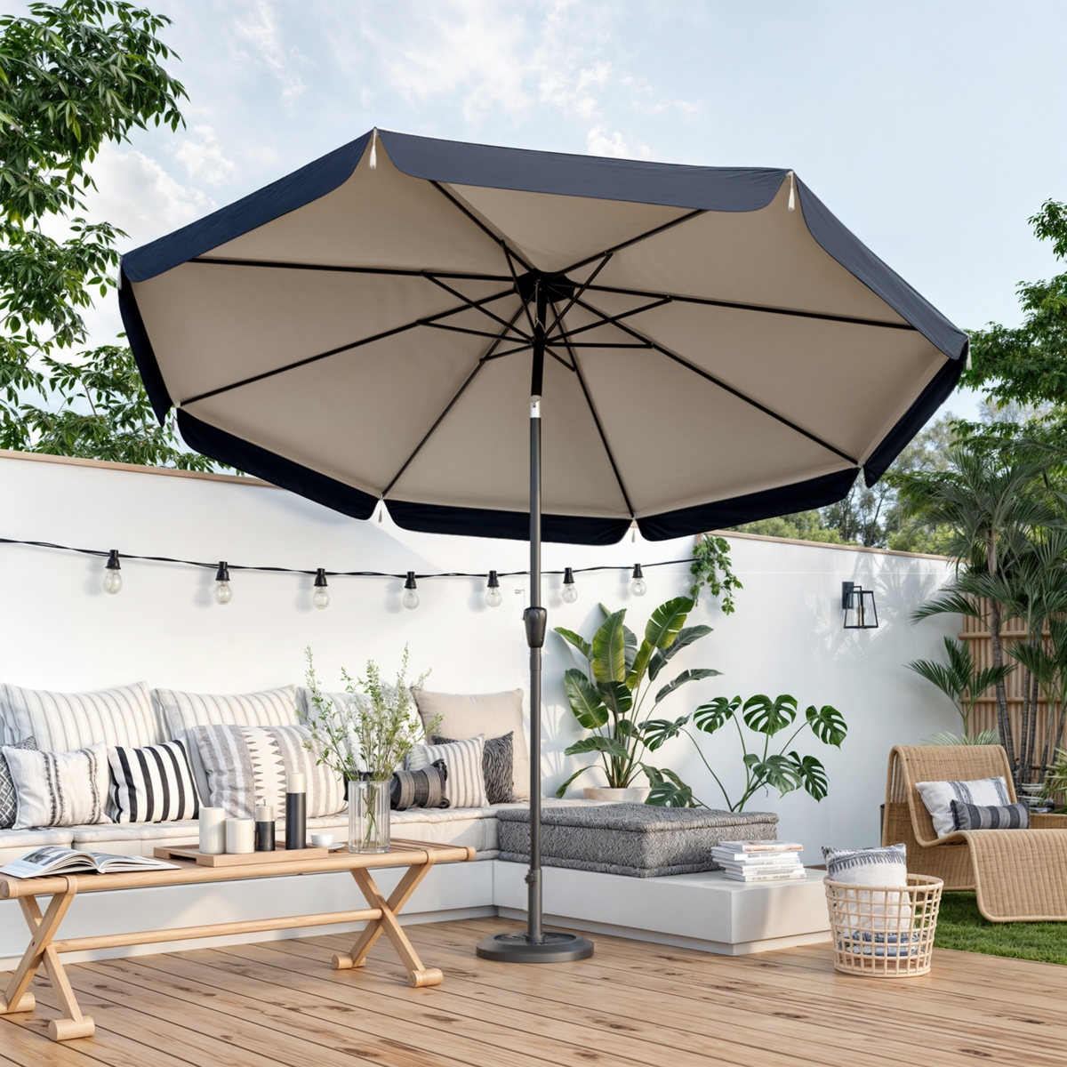 10 ft tassel umbrella, outdoor umbrella with tilt and crank for garden, deck, backyard, pool and beach, blue - Blue