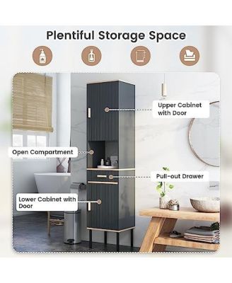 Free-Standing Bathroom Cabinet Narrow Linen with Doors and Drawer