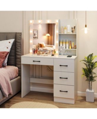 Vanity Desk with 3-Color Lights and Power Outlets