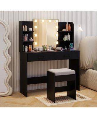 Vanity Set with Lighted Mirror and Stool with Power Outlet