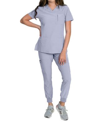 Women's Stretch Scrub Set with Zip Chest Pocket Top and Knit Rib Cuffs Jogger Pants