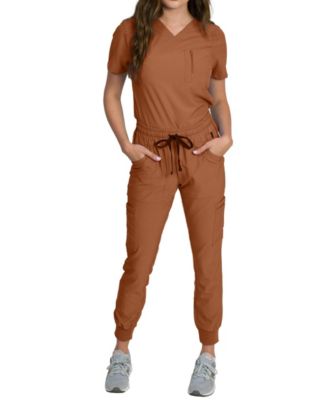 Women's Stretch Scrub Set with Zip Chest Pocket Top and Knit Rib Cuffs Jogger Pants