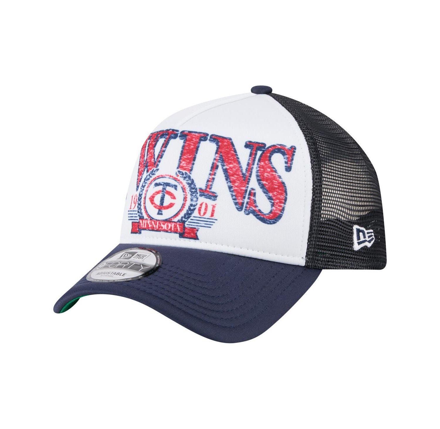 Men's White/Navy Minnesota Twins Distressed 9FORTY A-Frame Adjustable Trucker Hat