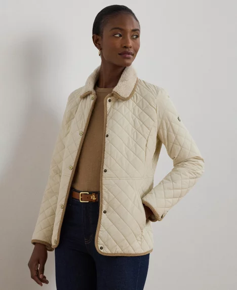 Women's Faux-Sherpa-Collar Quilted Coat - Moda Cream