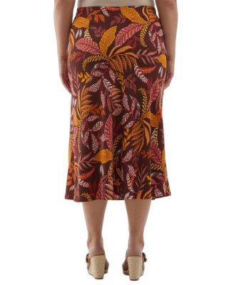 Plus Size Leaf Print Shine Midi Bias Skirt