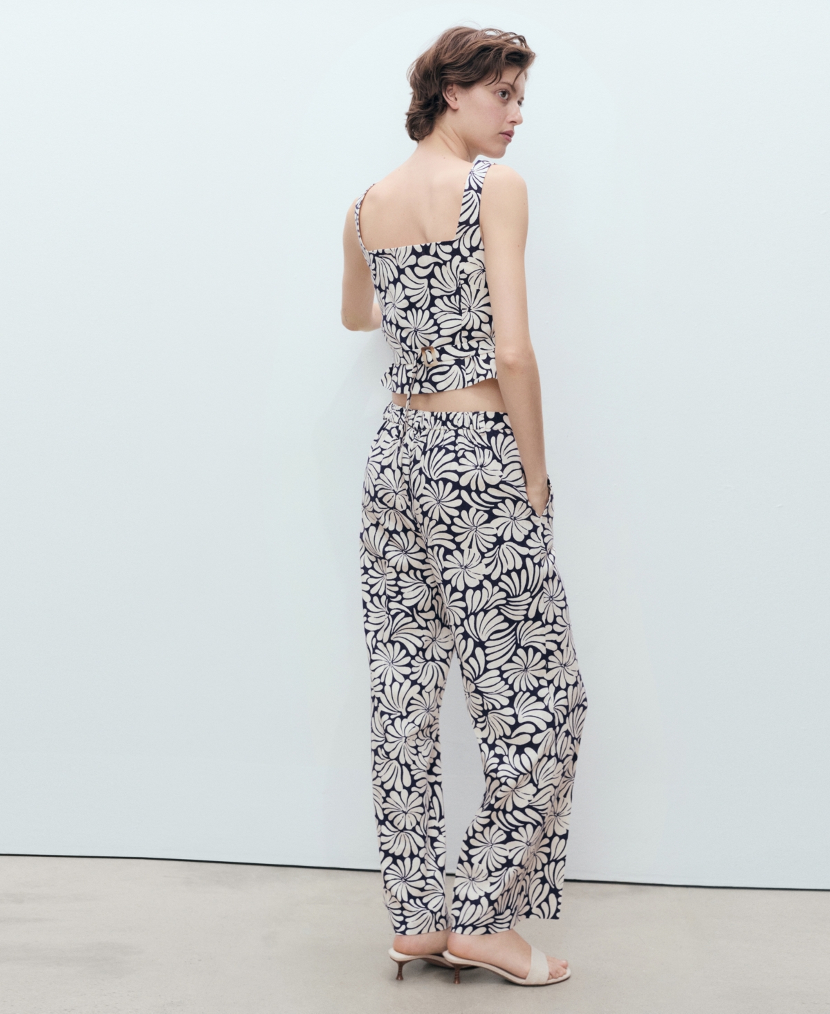 Mango Coco Print Linen Blend Wide Leg Pants In Black