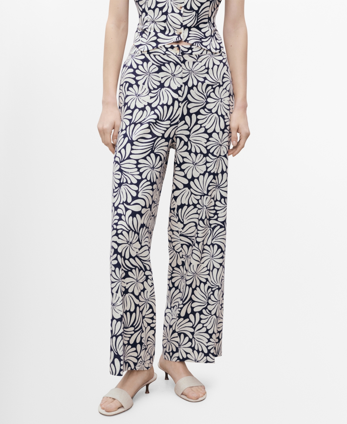 Mango Coco Print Linen Blend Wide Leg Pants In Black