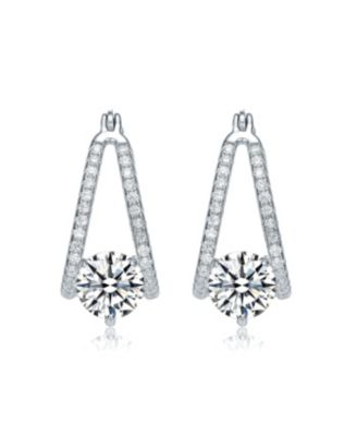 Sterling Silver with Cubic Zirconia Solitaire Double Trapeze Inside-Out Oblong Hoop Earrings