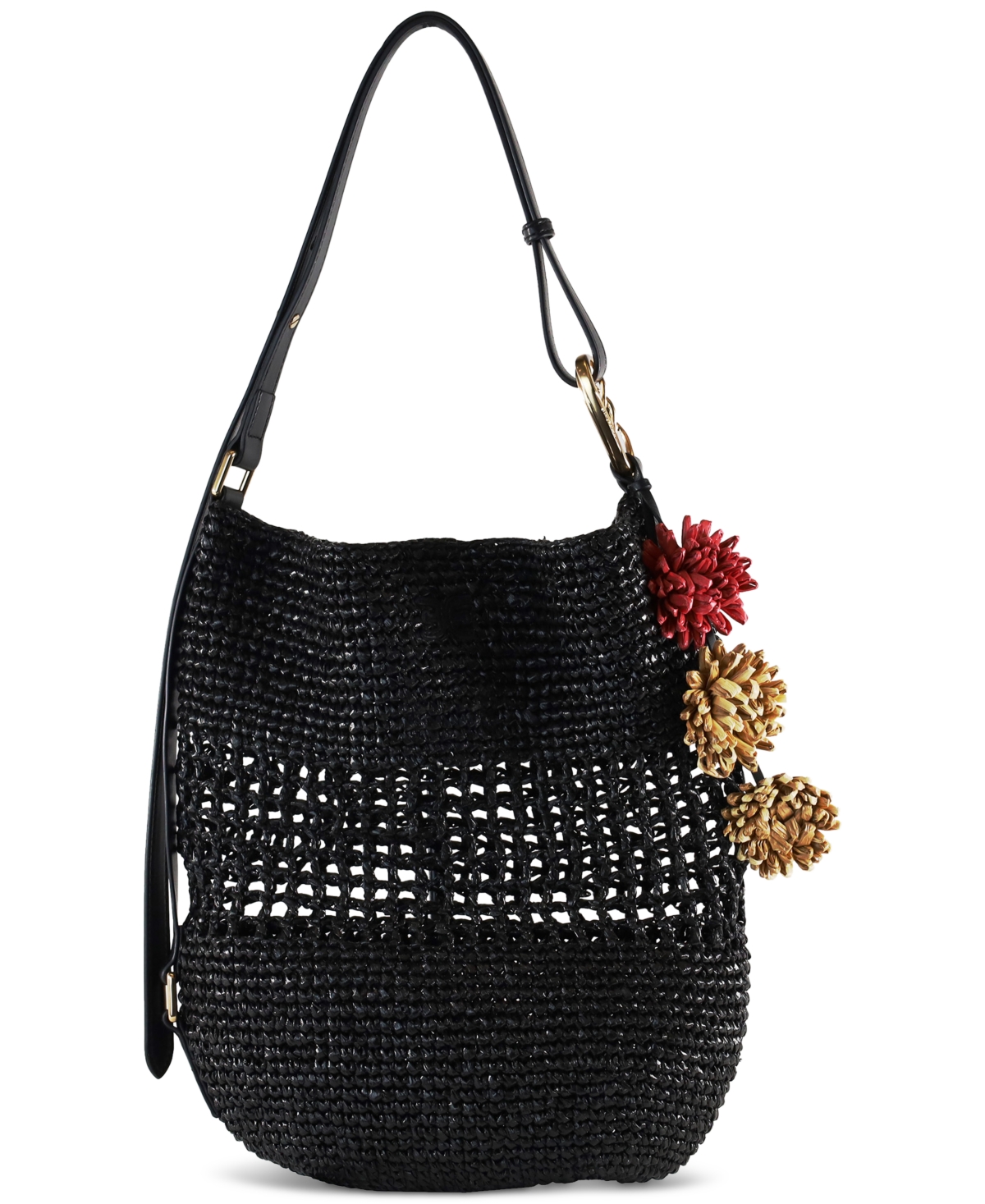 Marcie Open Weave Raffia Bucket Bag - Black