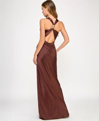 Juniors' Satin Cowl-Neck Halter Gown