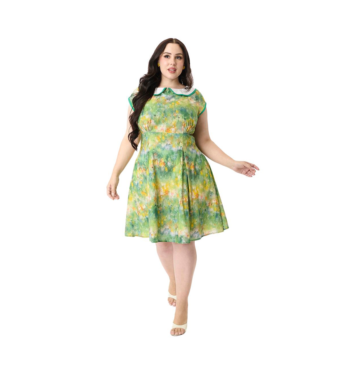 Plus Size Fit & Flare Dress - Green painted garden print