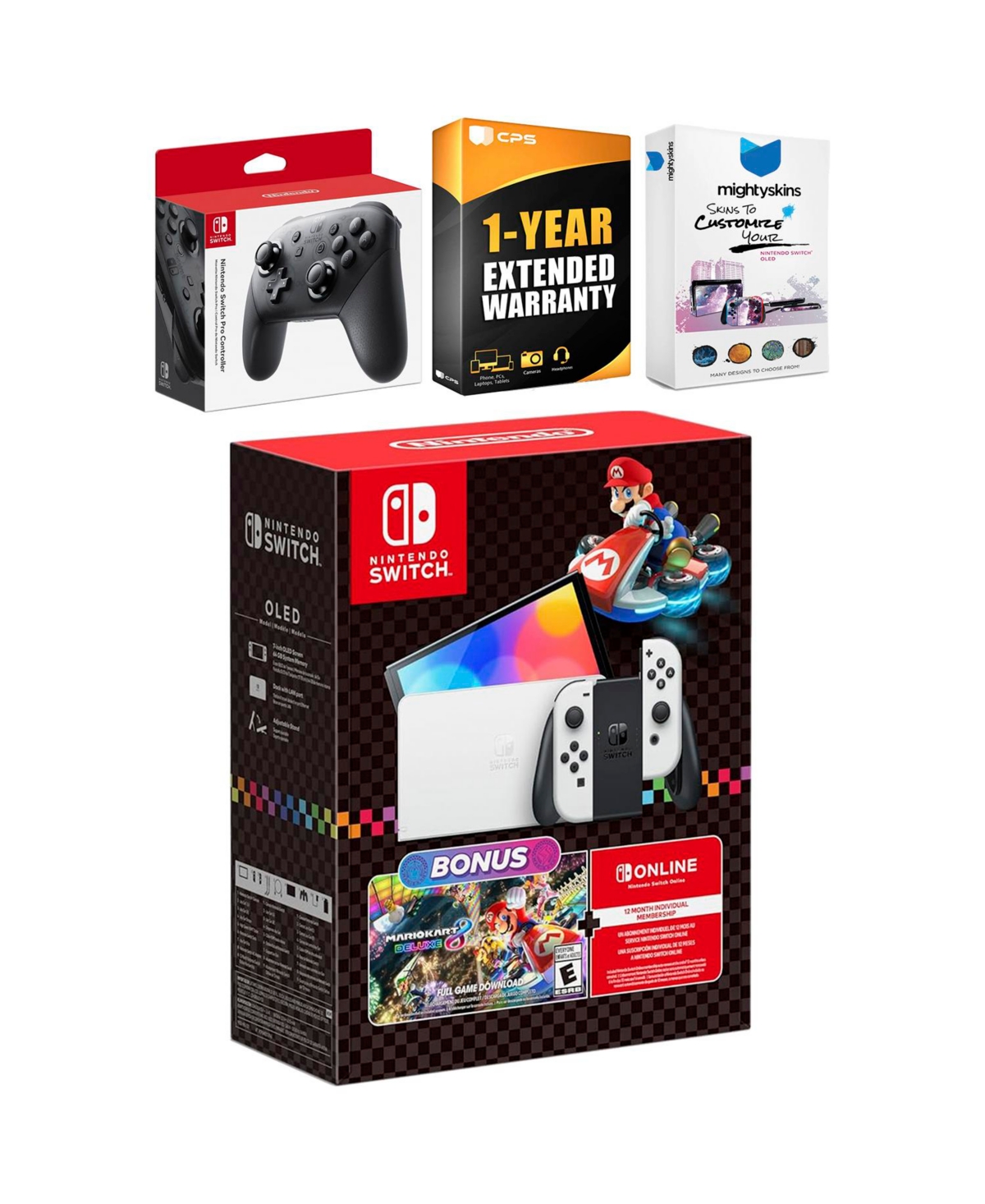 Nintendo Switch Oled Mario Kart 8 Deluxe Bundle with Pro Controller, MightySkins Console and Controller Skin Voucher, and 1 Year Cps Extended Warranty