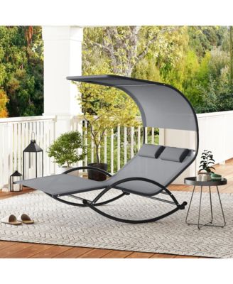Outdoor Double Chaise Rocker Rocking Daybed Sun Lounger w/ Sun Shade Canopy