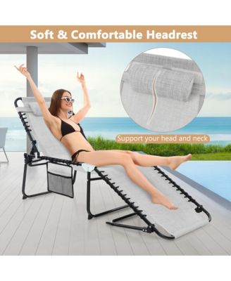 Folding Chaise Lounge Portable Lay Flat Reclining Chair w/ 4-Level Backrest Side Pocket