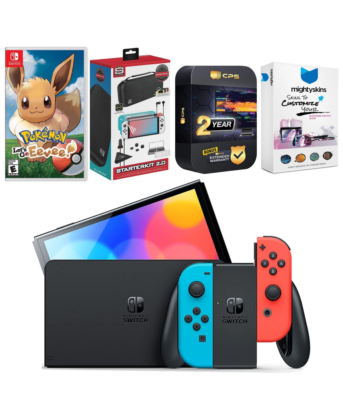 Nintendo Switch Neon Red & Blue Oled Console with Pokemon: Let's Go, Eevee! Edition, Surge Accessory Gaming Kit