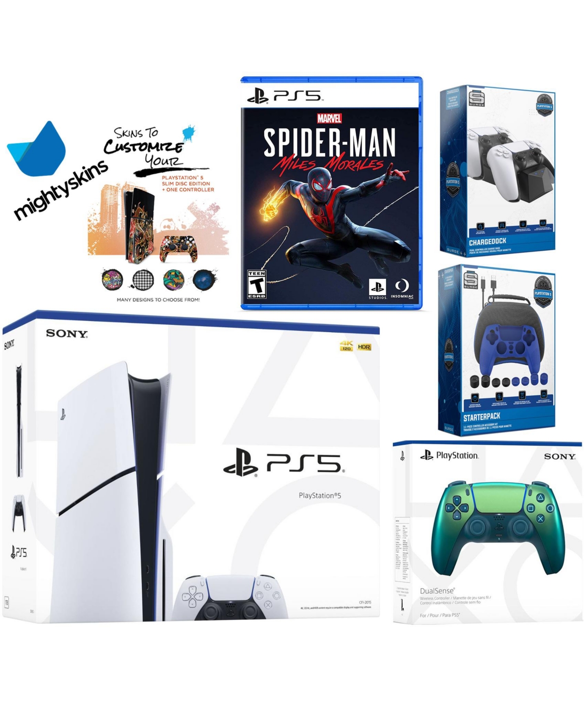 Sony Playstation 5 Slim Disc Bundle with Spider-Man: Miles Morales, Extra Controller, Pro Gamer Kit, Dual Charge Dock and MightySkins Decal Voucher - 