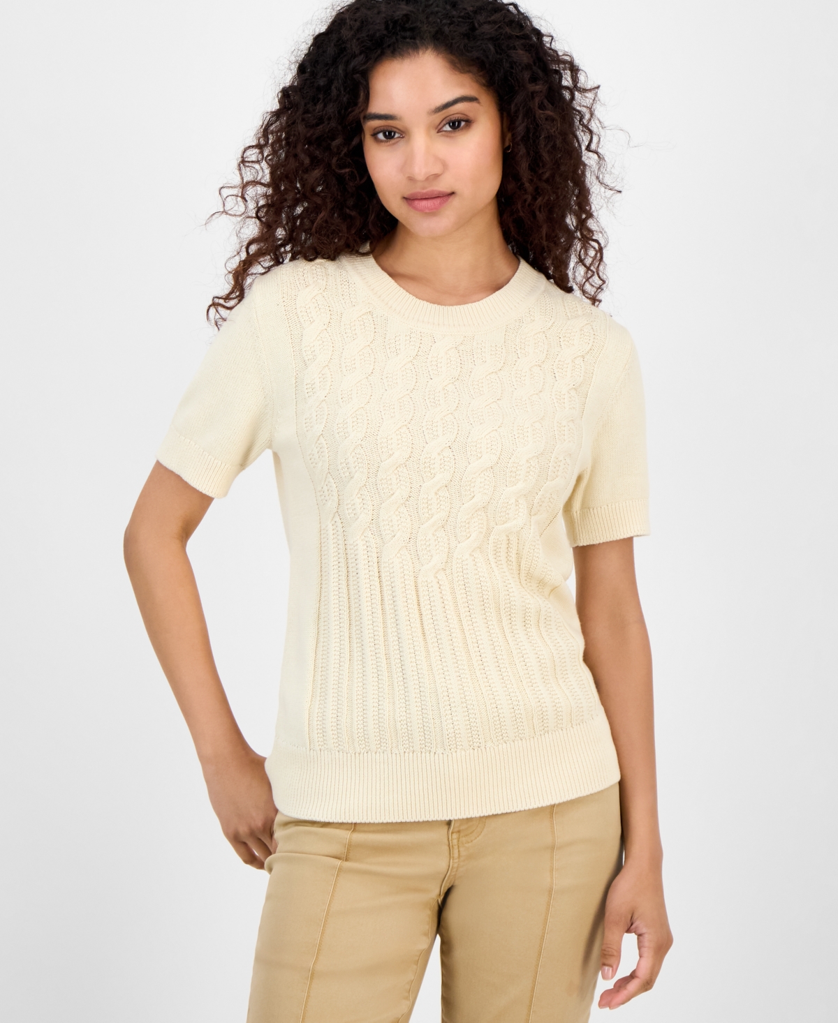 Nautica Jeans Women's Cotton Cable-knit Short-sleeve Sweater In White