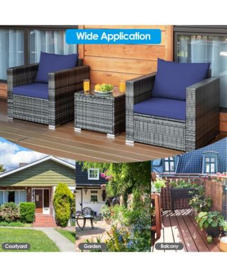 3PCS Rattan Patio Conversation Furniture Set Outdoor Yard w/ Navy Cushion