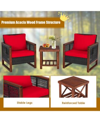 3PCS Rattan Wicker Patio Conversation Set Outdoor Furniture Set w/ Red Cushion