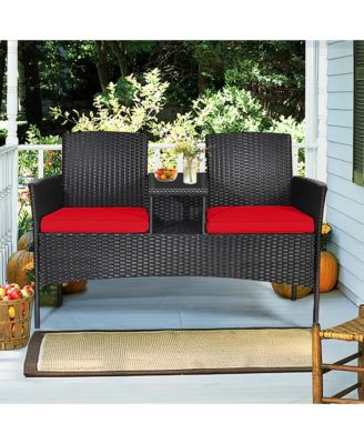 Rattan Wicker Patio Conversation Set w/ Table Red Cushion