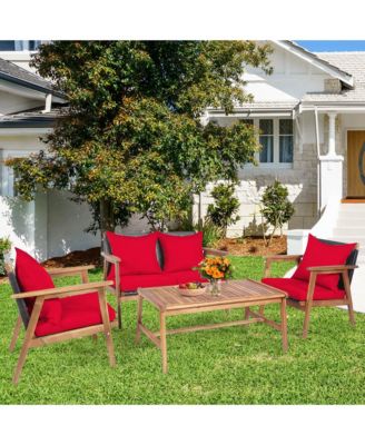 4PCS Patio Conversation Set Wood Frame Furniture Set w/ Red Cushions