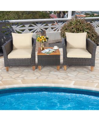 3PCS Patio Furniture Set Conversation Bistro Set w/ Acacia Wood & Cushions Beige