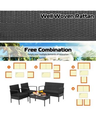 4PCS Rattan Patio Conversation Set Outdoor Wicker Furniture Set w/ Cushions