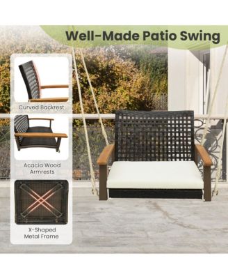 Rattan Porch Swing Patio Wicker Single Hanging Seat w/ Seat Cushion & Acacia Wood Armrests