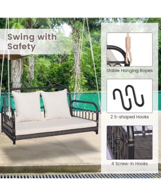 Outdoor Wicker Porch Swing 2-Person Hanging Seat w/ Seat & Back Cushions Backyard