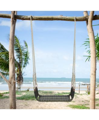 1-Person Rattan Porch Swing Single Swing Chair Bench w/ Hanging Hemp Ropes Outdoor