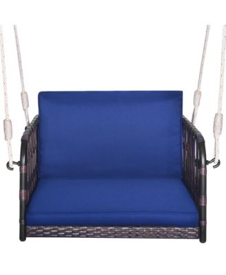 Patio Rattan Porch Swing Single Person Hanging Seat w/ Seat & Back Cushions Backyard