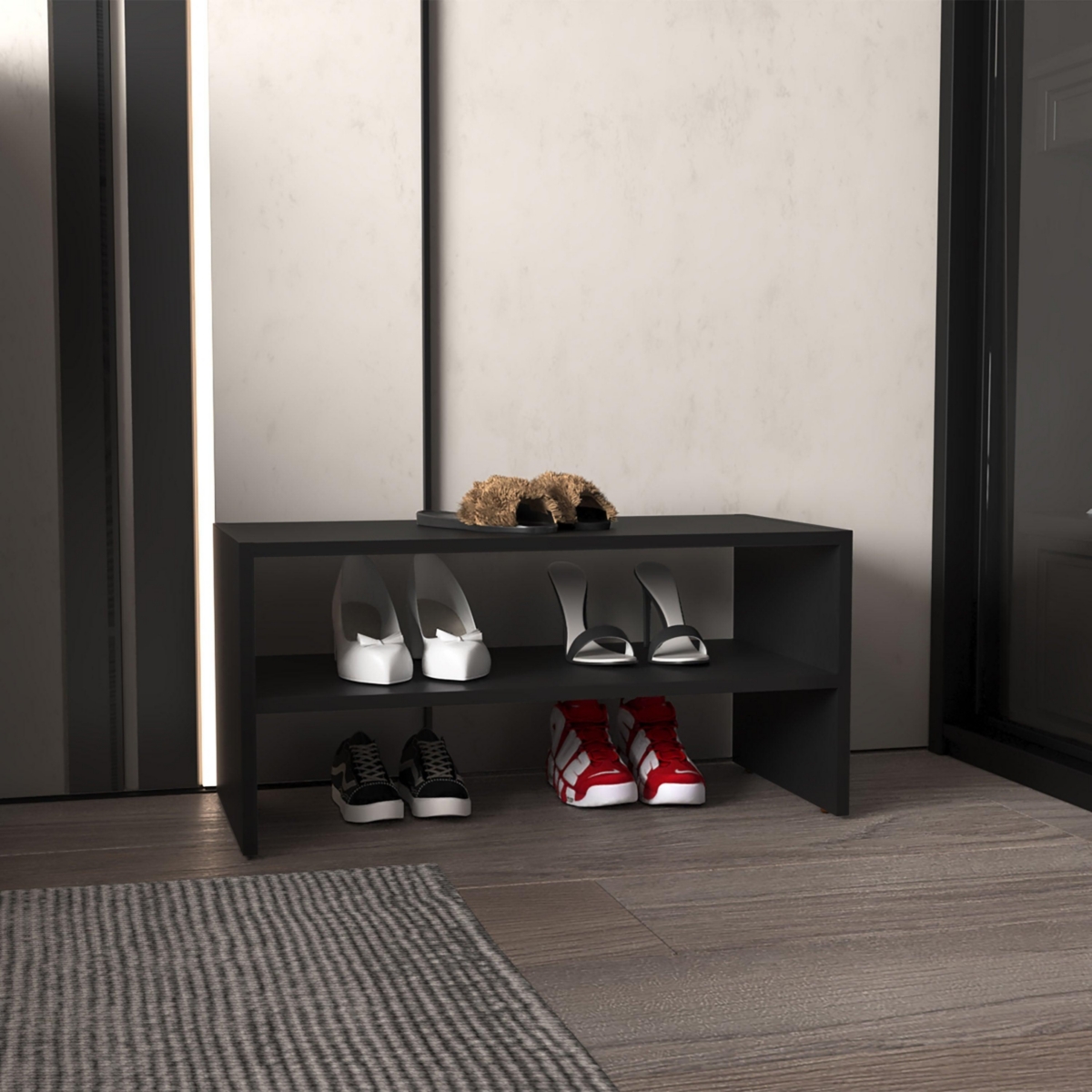 Ferry Shoe Rack with 2 Shelves, White - Black