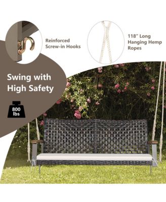 2-Seat Rattan Porch Swing Chair Outdoor Wicker Swing Bench W/ Seat Cushion Red