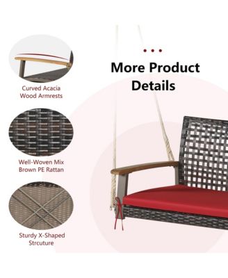 2-Seat Rattan Porch Swing Chair Outdoor Wicker Swing Bench W/ Seat Cushion Red