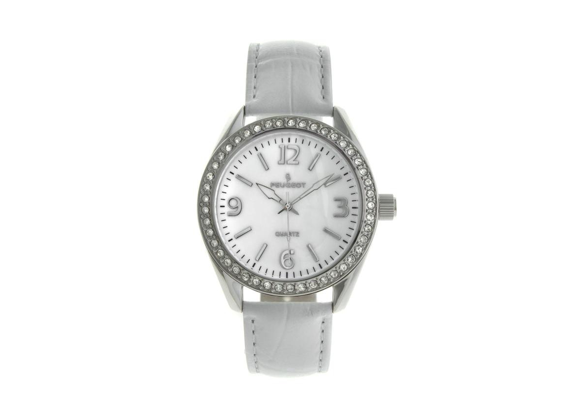 Women's White Watch 40mm Bold Crystal Bezel Leather Strap