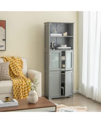 6-Tier Freestanding Bathroom Cabinet with 2 Open Compartments and Adjustable Shelves