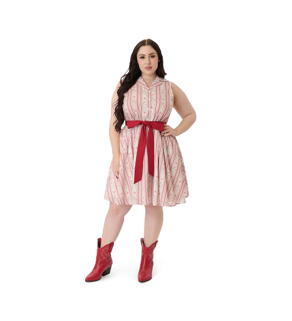 Plus Size Sleeveless Flare Dress - Pink floral wallpaper