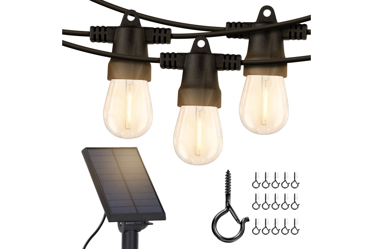 Ambience Pro Heavy Duty Solar-Powered Led Outdoor String Lights with 15 Hooks, 1W, Soft White (27 ft.) - 2700k soft white / 100 lumens