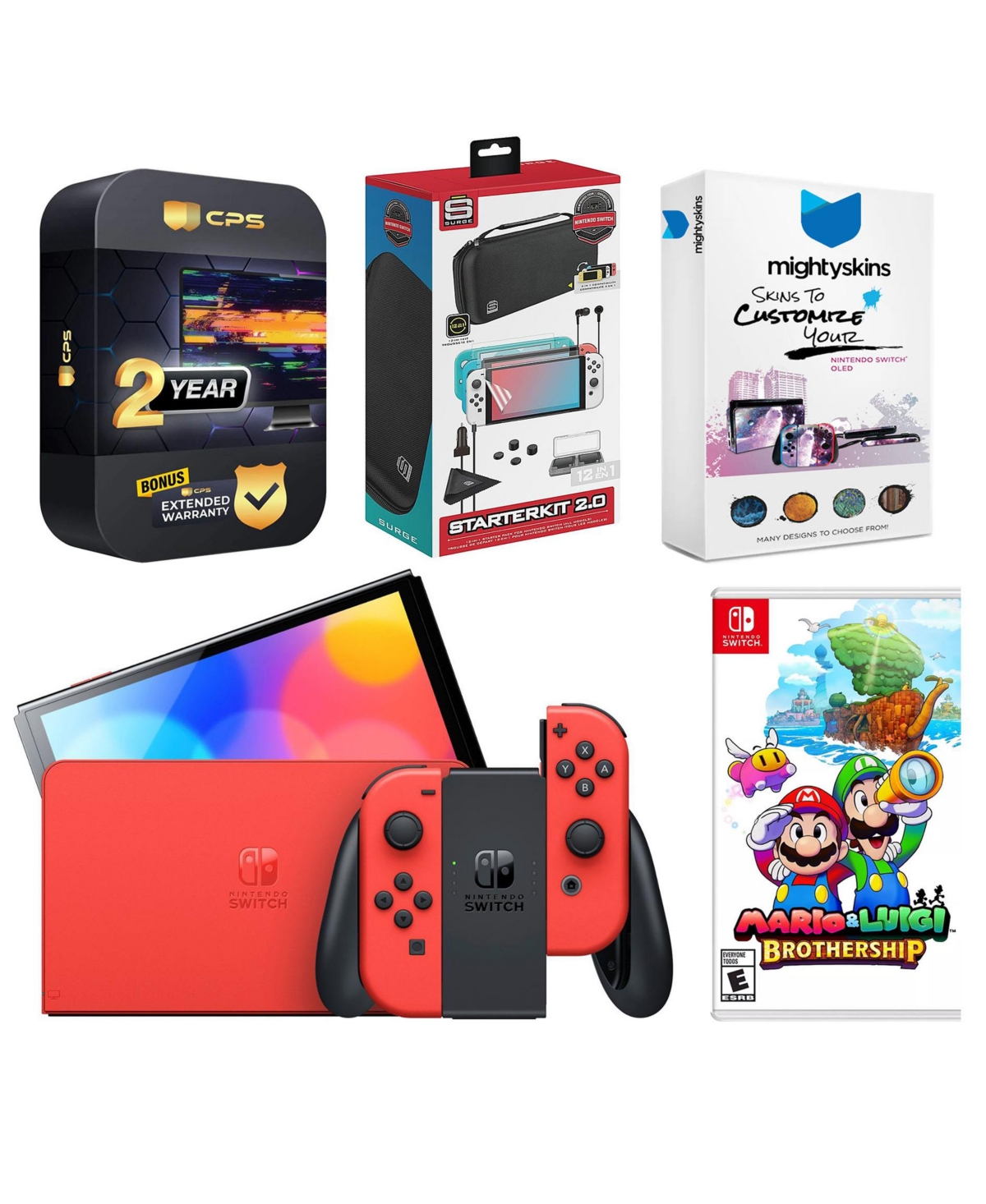 Nintendo Switch Oled Mario Red Edition with Mario & Luigi: Brothership, Surge Accessory Gaming Kit, MightySkins Console and Controller Skin Voucher an