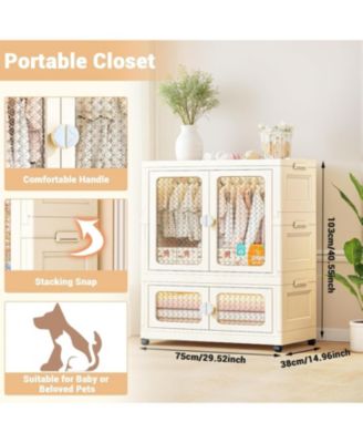 Stackable Storage Bins, Plastic Collapsible Storage Containers with Doors, Wheels and Hanging Rods, Large Lidded Closet Organizers Cabinet for Home Office