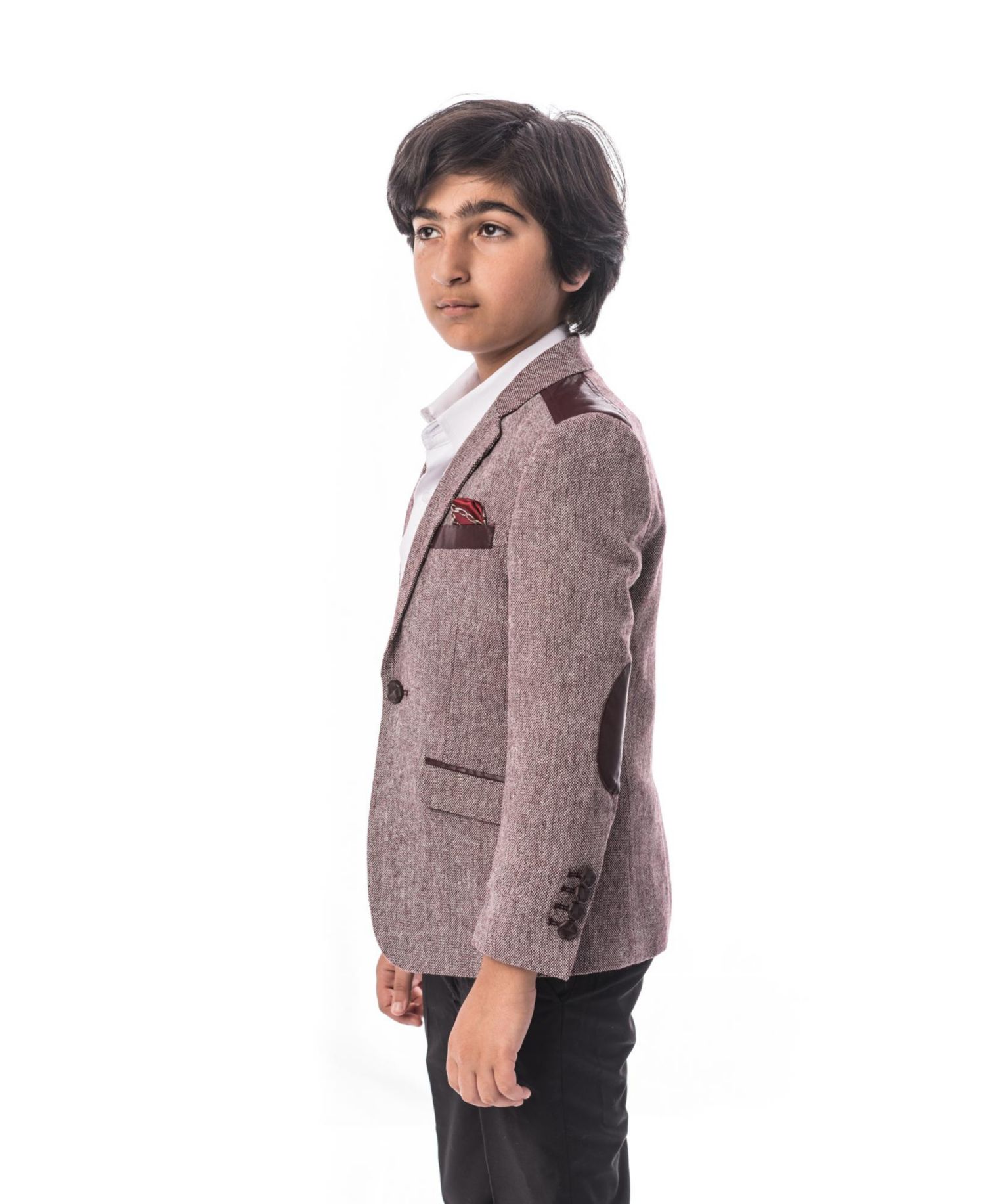 Boys Wine Slim Fit Tweed & Faux Leather Blazer