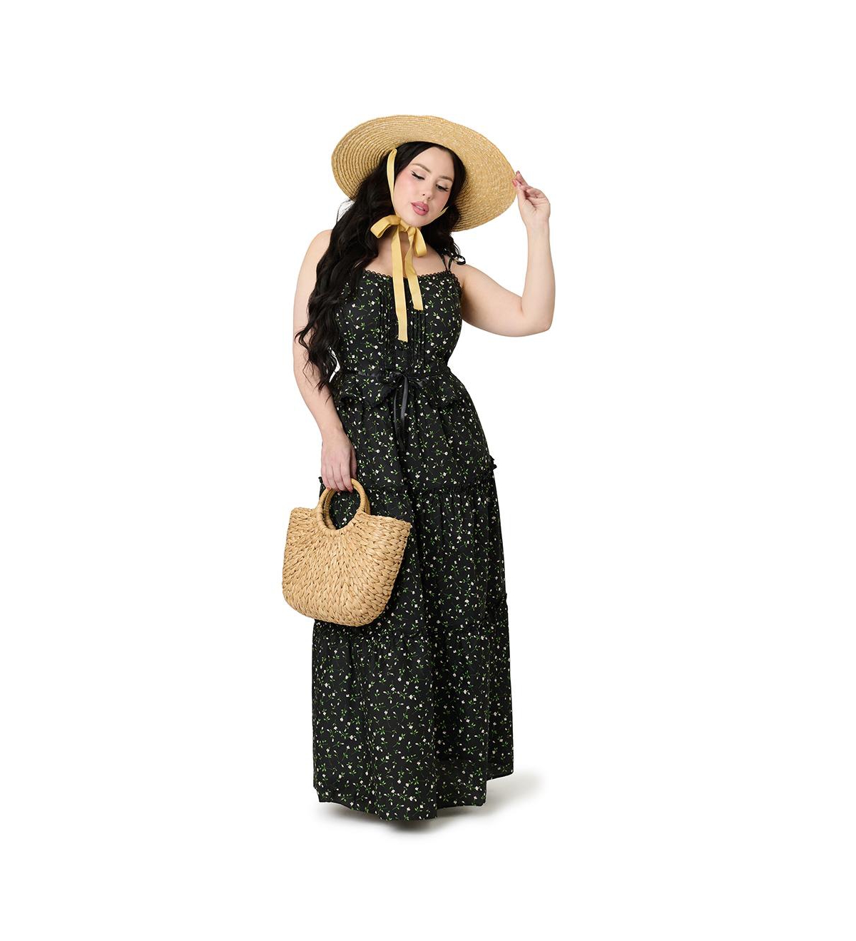 Plus Size Tiered Maxi Dress - Black floral