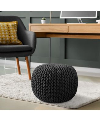 Round Pouf Ottoman, Navy Blue - 20" Dia x 14.5" High Cotton Knit Foot Stool - Boho Floor Pouffe for Living Room