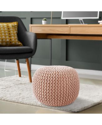 Round Pouf Ottoman, Natural - 20" Dia x 14.5" High Cotton Knit Foot Stool - Boho Floor Pouffe for Living Room