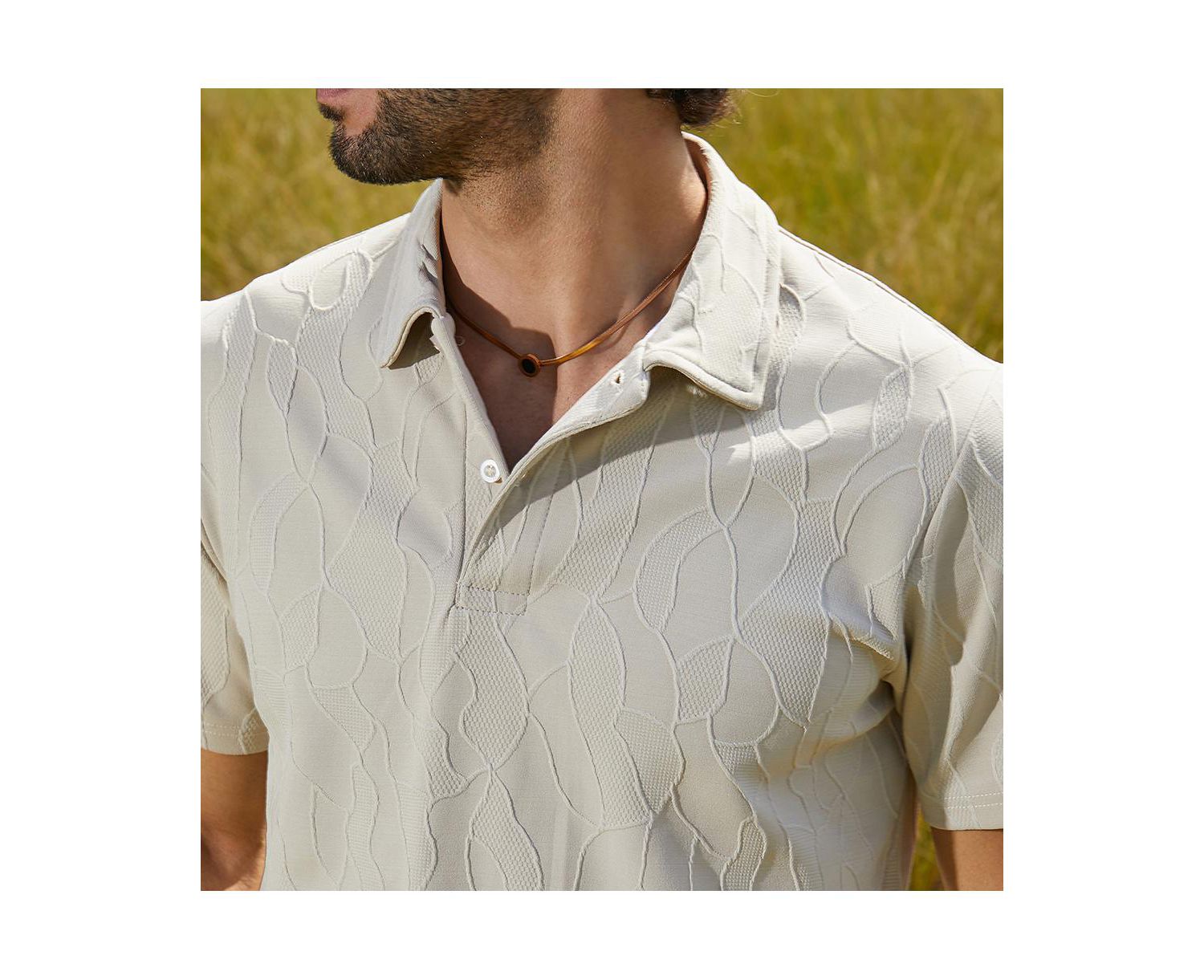 Men's Cream White Veined-Tactile Polo T-Shirt