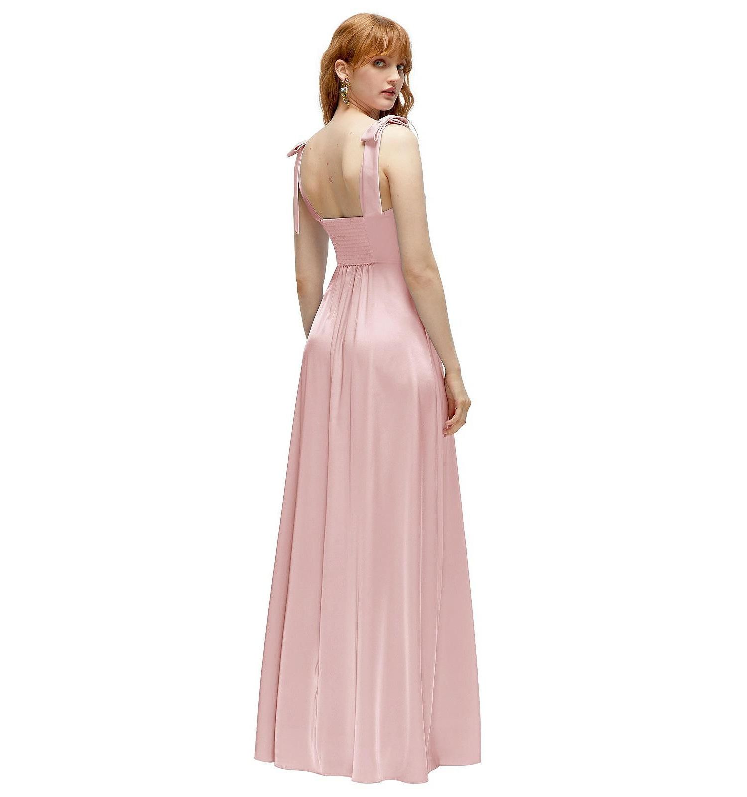 Women's Square Neck Fluid Satin Maxi Dress with Bow Straps