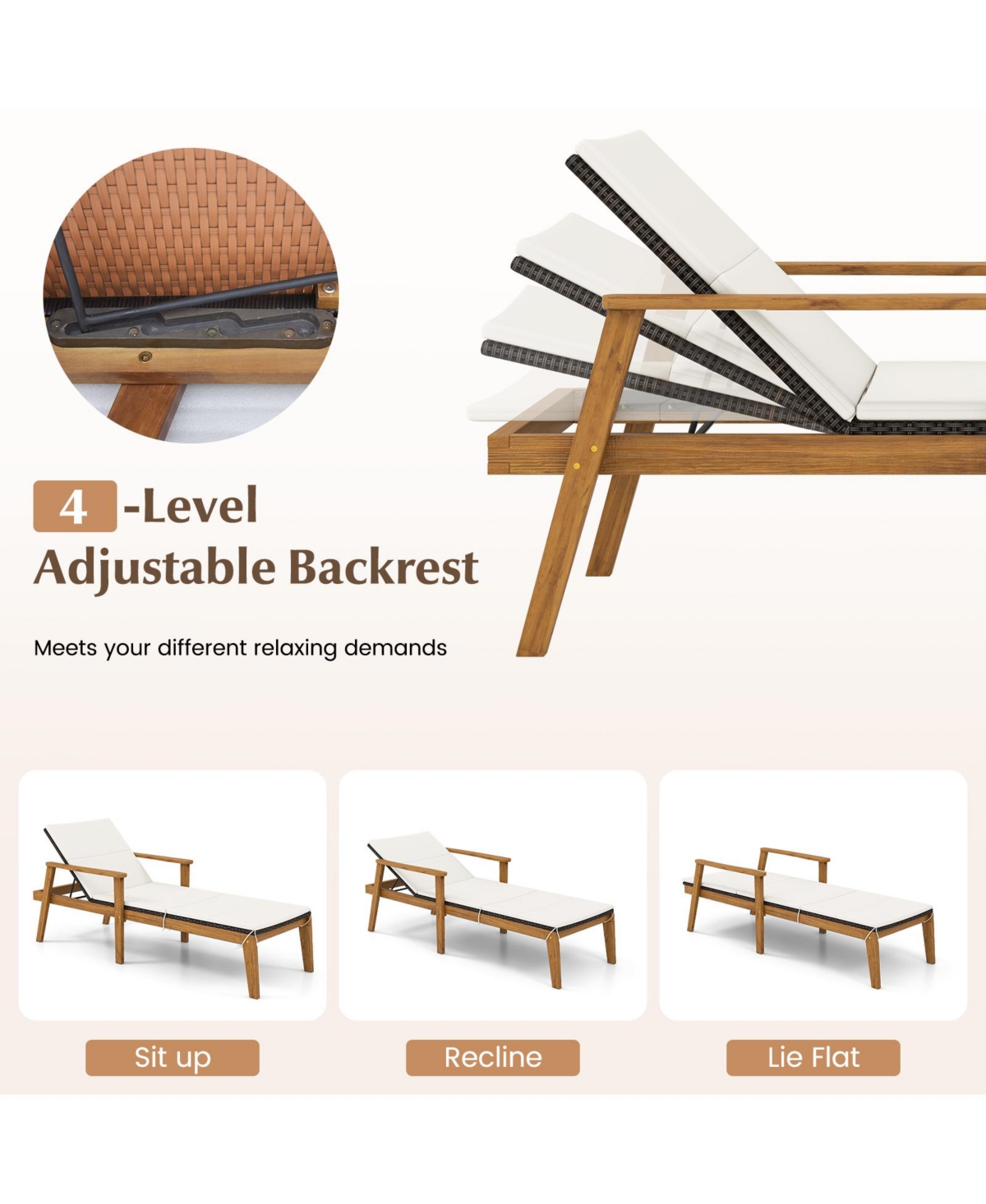 Set of 2 Outdoor Rattan Chaise Lounges with Armrests for Patio