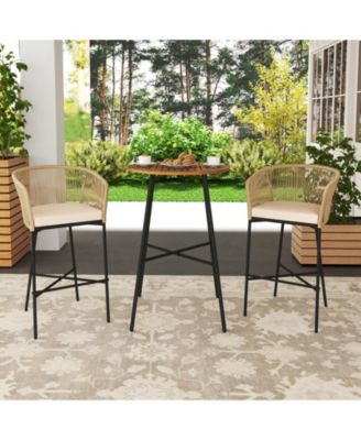 3-Piece Patio Bar Set with Rope Woven Stools and Solid Acacia Tabletop