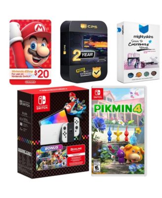 Switch OLED Console Mario Kart 8 Bundle with Pikmin 4, Nintendo $20 eShop Gift Card, MightySkins Console and Controller Skin Voucher, and 2 Y