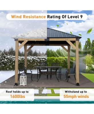 10 x 10 ft Wooden Frame Gazebo with Galvanized Metal Hardtop Roof, Outdoor Patio Gazebo with Charging Socket